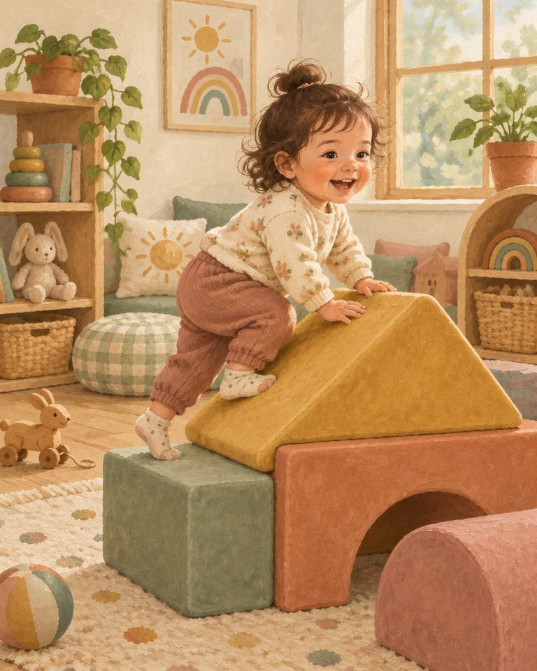 Illustration of a laughing toddler climbing soft play blocks