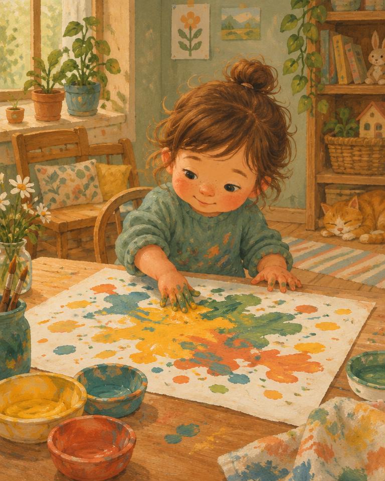 Illustration of a toddler finger-painting colorful splashes