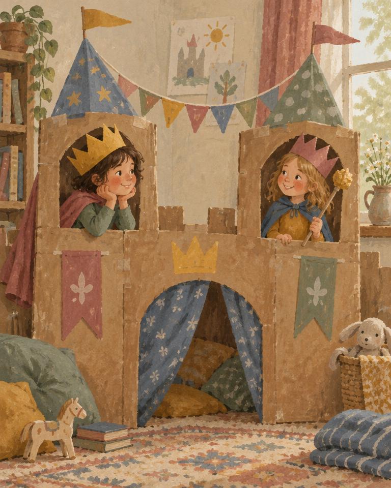 Illustration of two kids in paper crowns peeking out of a cardboard castle