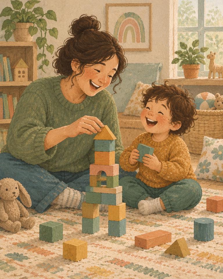 Illustration of a grown-up and child laughing while building a block tower